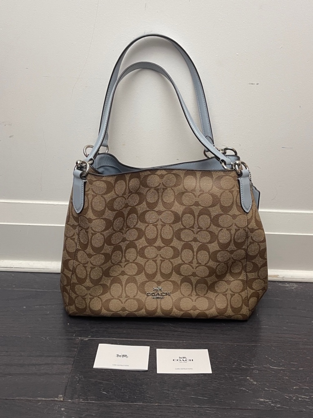 Coach Hallie leather Shoulder Bag Signature Canvas  Khaki Pale Blue handbag